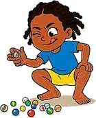 Menino agachado com bolas de gude