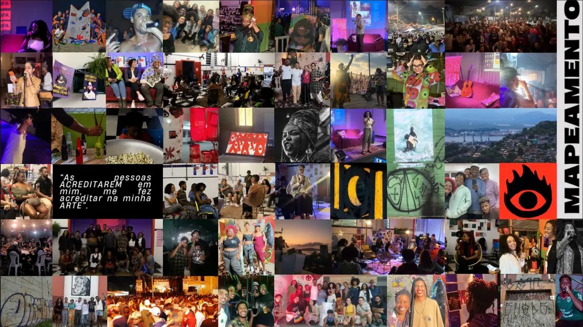 Mosaico de fotos do mapeamento, com a palavra Mapeamento em letras brancas na lateral