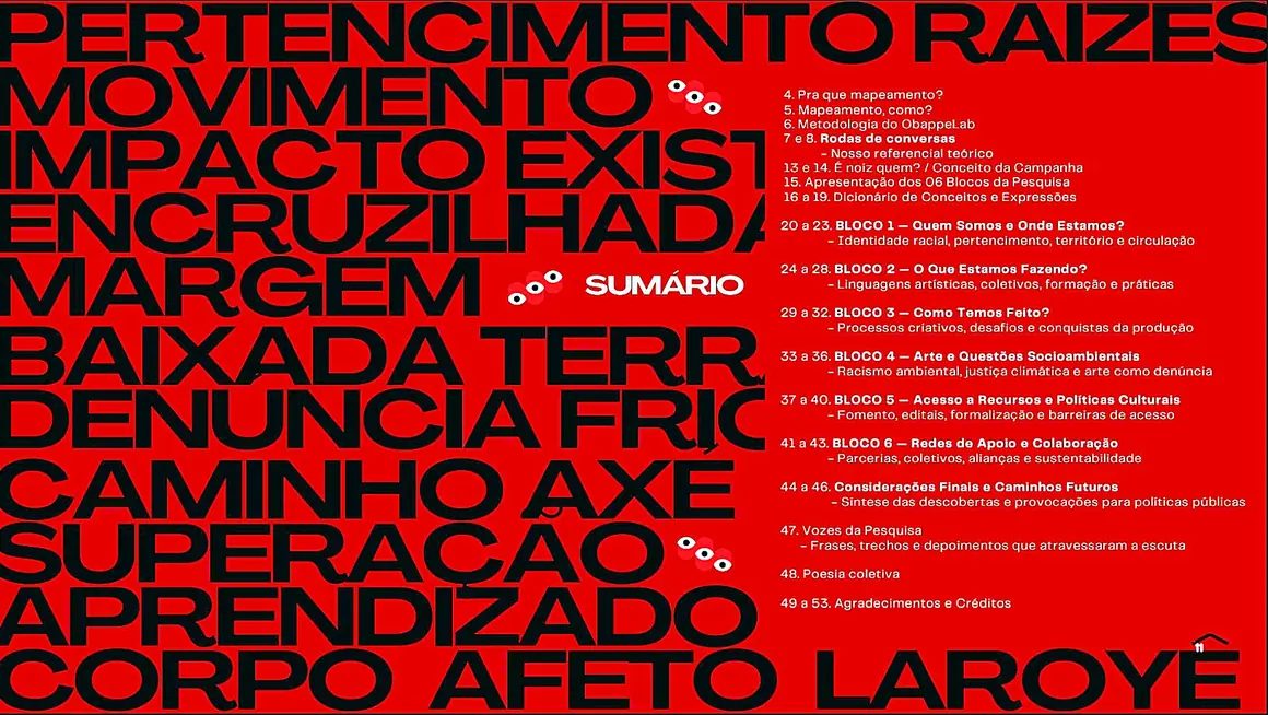 Sumário da revista, com palavras como pertencimento, raízes e axé em letras vermelhas