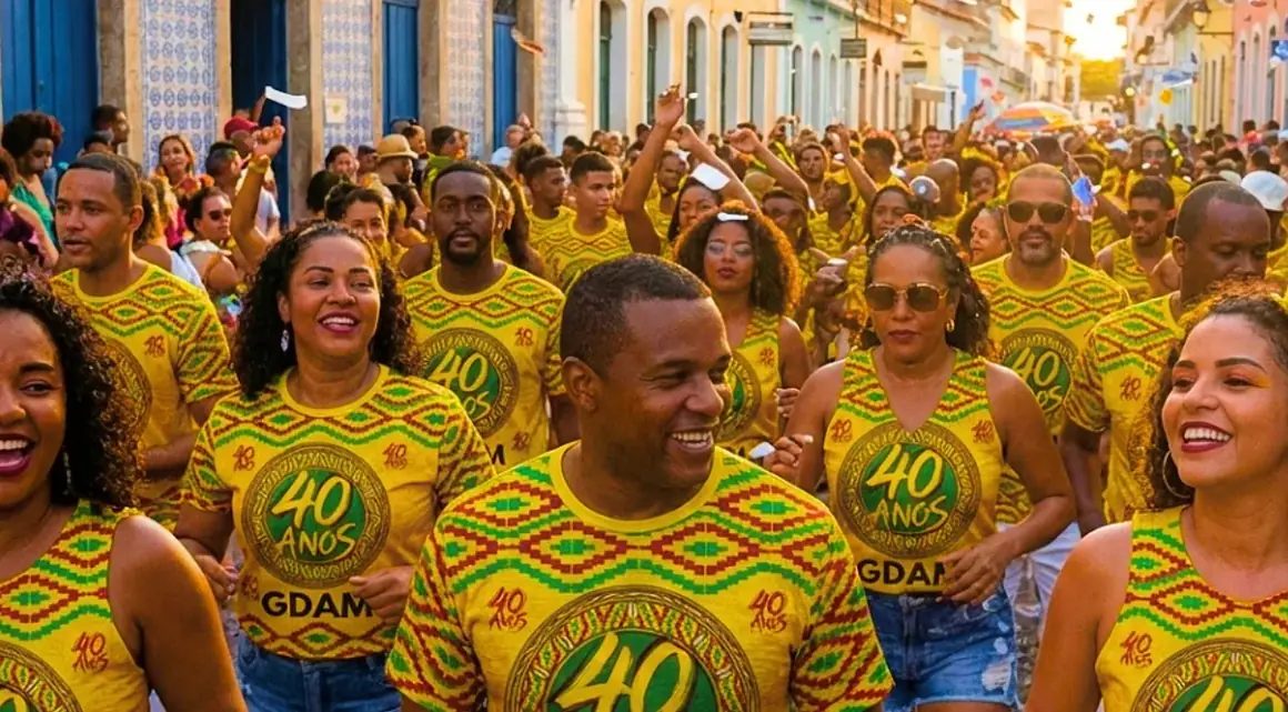 Grupo reunido em rua de casario, de camisetas amarelas com o selo 40 anos