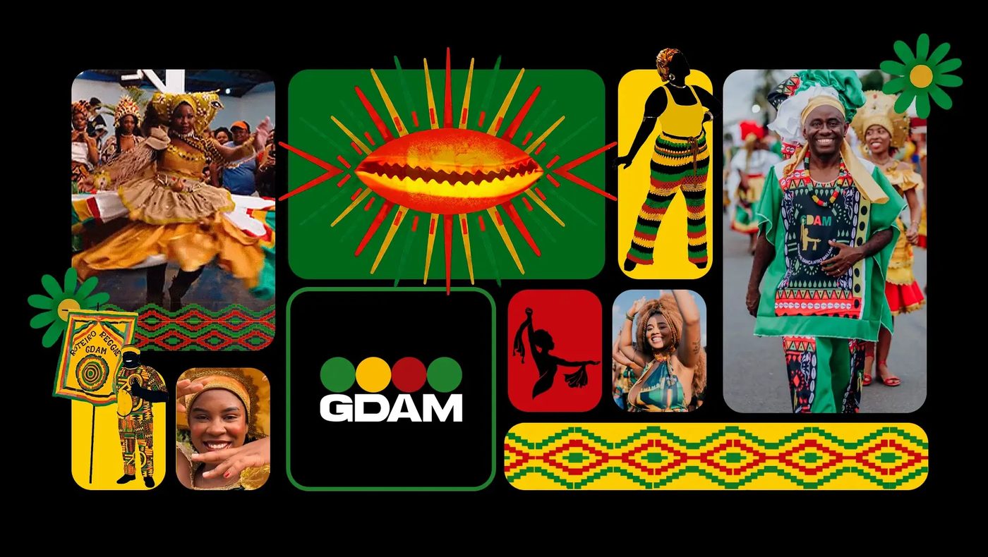 Composição com fotos do grupo, selo em sol, grafismos em kente e a assinatura GDAM sobre quadros coloridos
