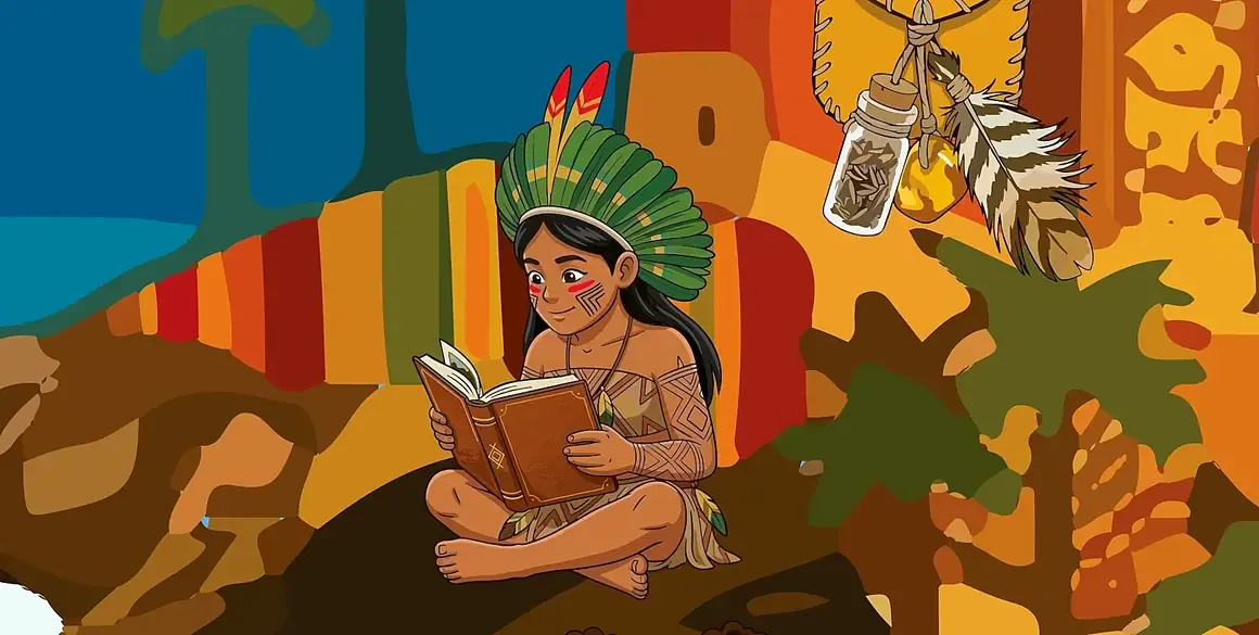 Detalhe do painel: criança indígena de cocar lendo um livro entre pedras