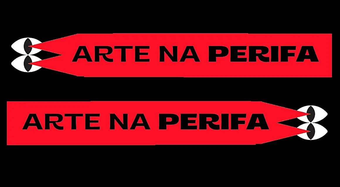 Selo Arte na Perifa em faixas vermelhas sobre fundo preto