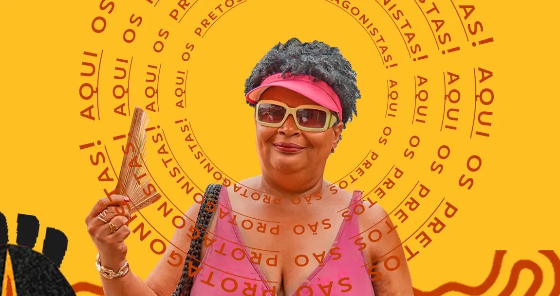 Mulher de óculos e viseira em retrato sobre fundo amarelo, com a frase em espiral