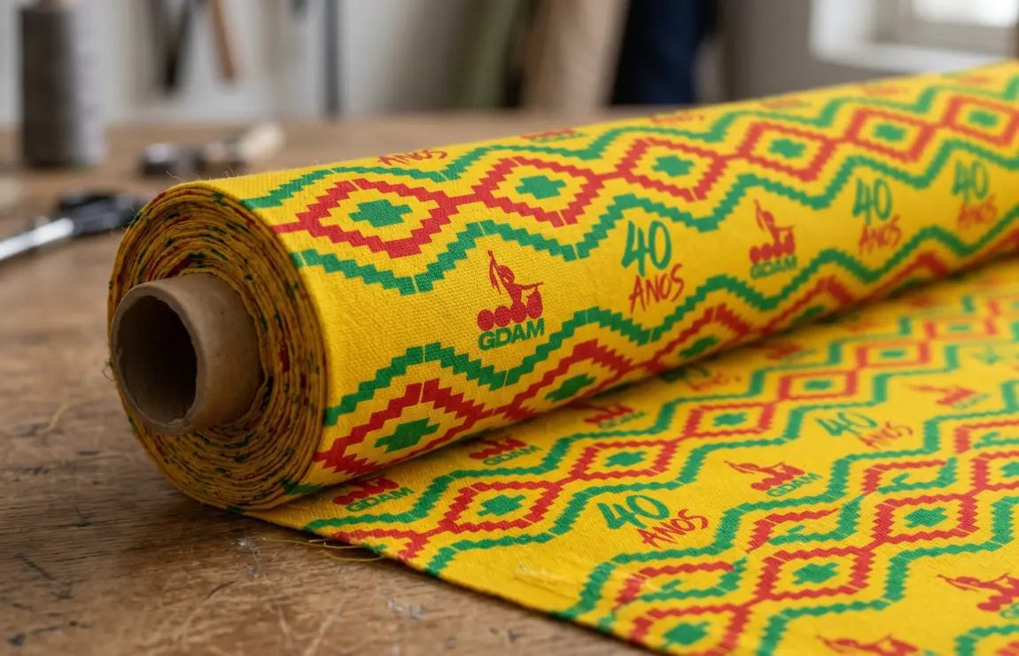 Rolo de tecido amarelo e verde com padrão geométrico, selo 40 anos e assinatura GDAM