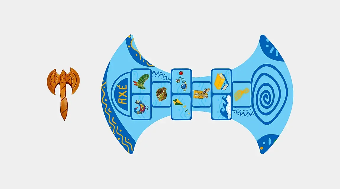 Amarelinha ilustrada em azul, com um símbolo em cada casa, e um símbolo laranja ao lado