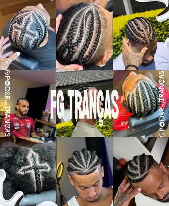 Colagem de nove fotos de tranças com o nome FG Trança sobre elas