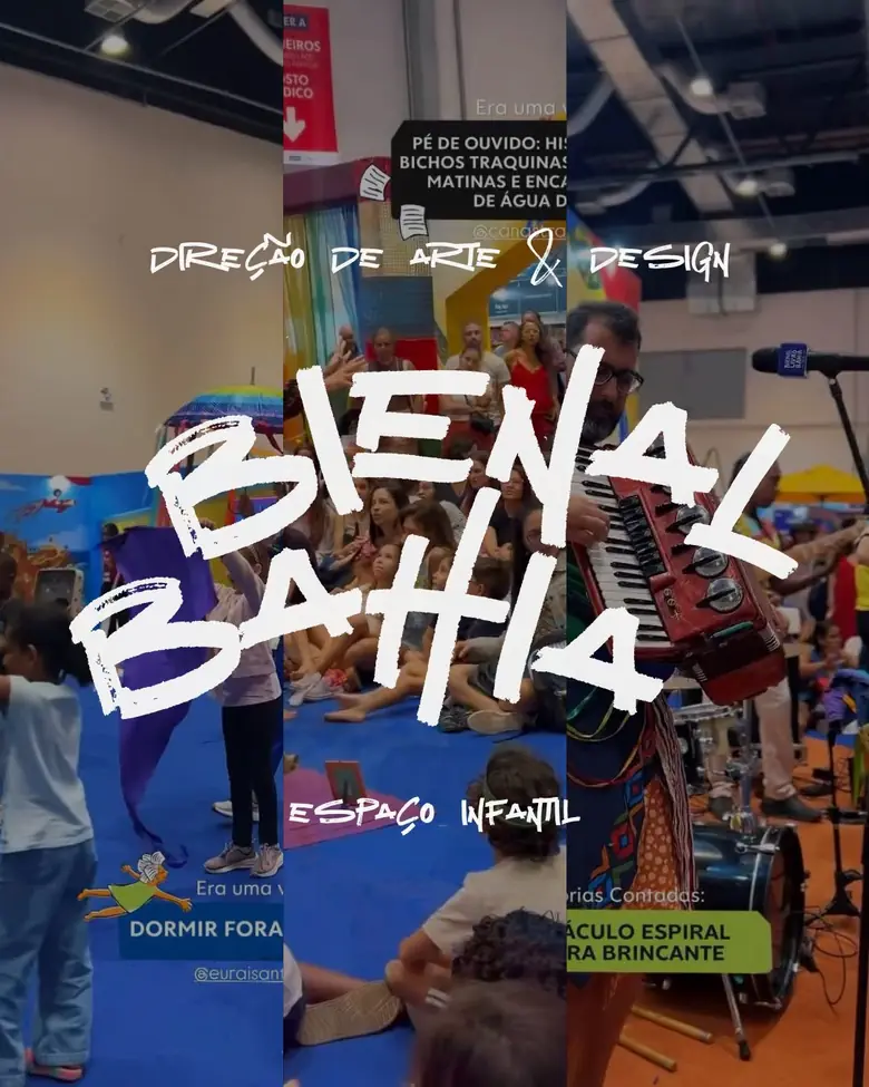 Montagem com fotos do público no espaço infantil e a frase Bienal Bahia