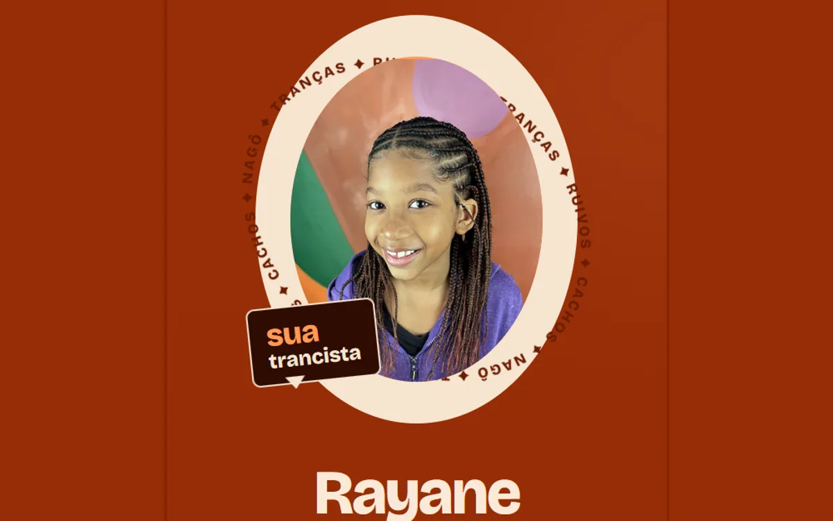 Vitrine digital de Rayane, trancista de Praia Grande, em marrom e laranja