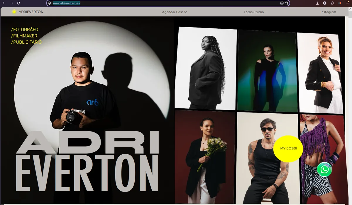 Site de Adri Everton, fotógrafo, em preto e amarelo