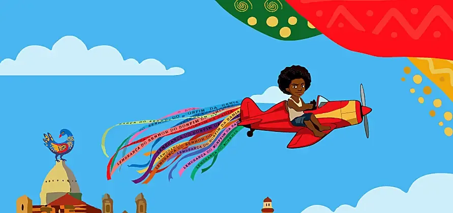Recorte do painel: criança de avião vermelho com fitinhas do Bonfim