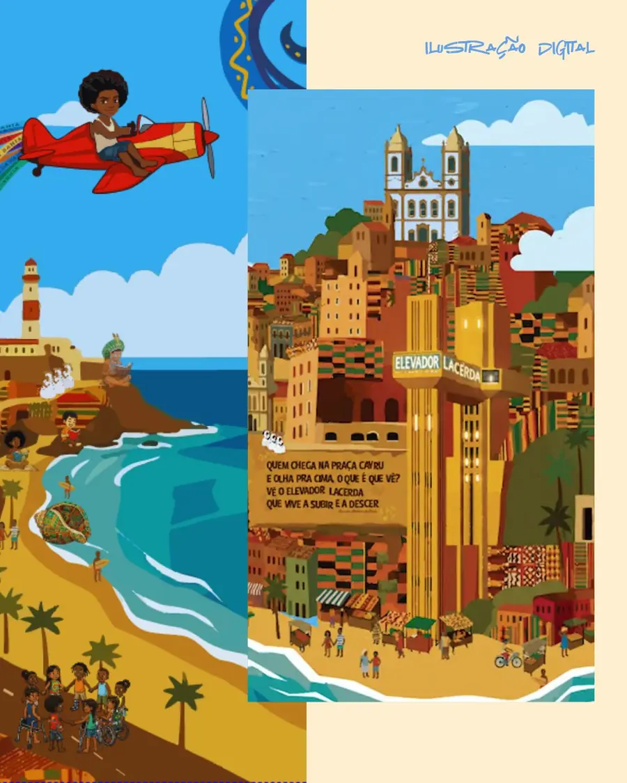 Ilustração digital do painel, com criança em avião vermelho, farol e casario