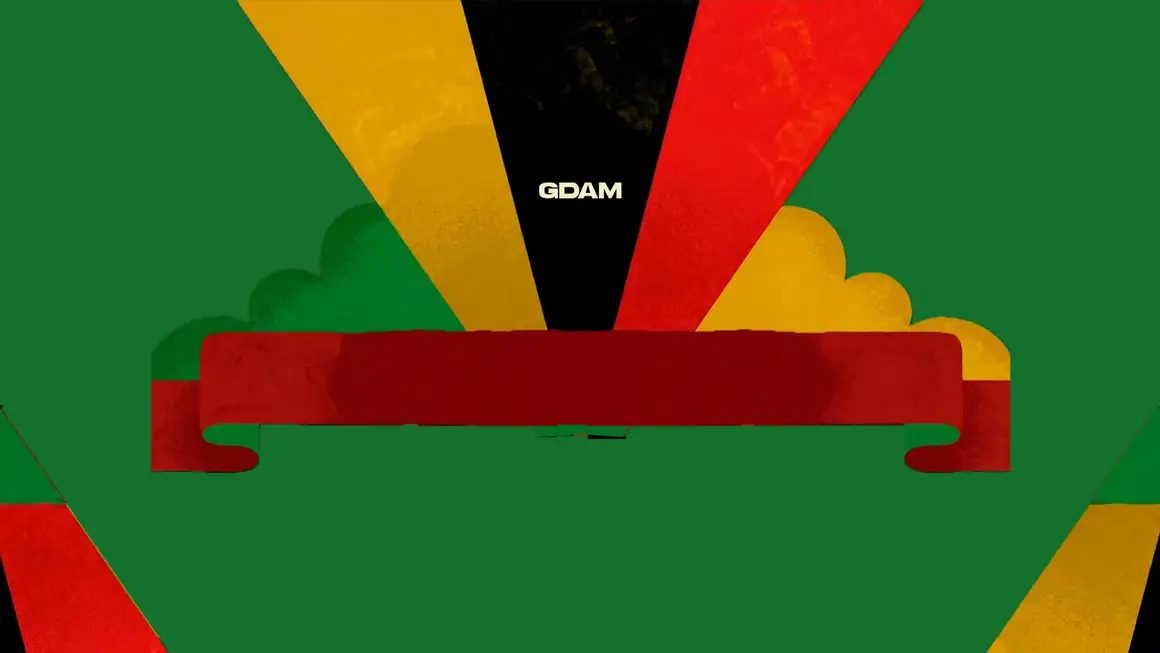 Visual com raios nas cores do reggae e faixa vermelha sobre fundo verde
