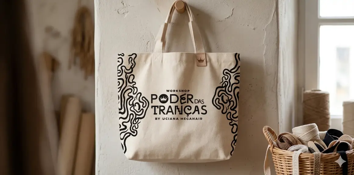 Ecobag clara com a logo O Poder das Tranças pendurada em parede, ao lado de rolos de papel