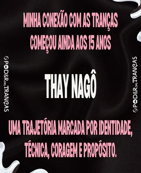 Card de apresentação de Thay Nagô, texto rosa sobre fundo preto