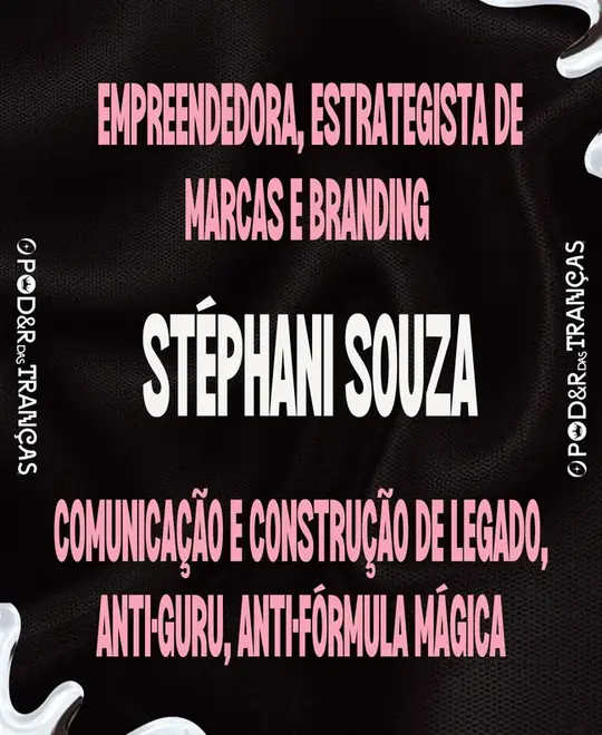 Card de apresentação de Stéphani Souza, empreendedora e estrategista de marcas, texto rosa sobre fundo preto