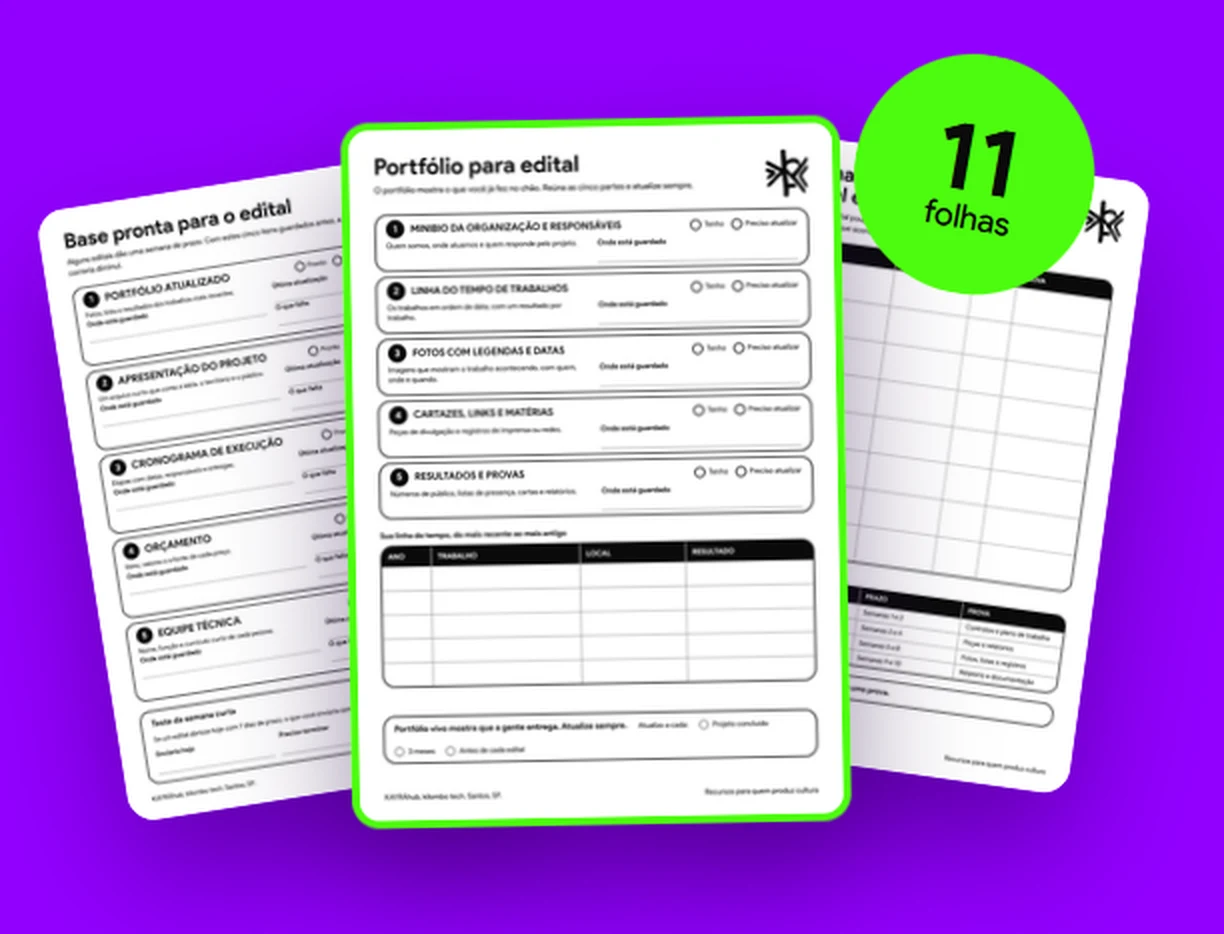 Três folhas de exercício sobre fundo violeta, com um selo verde escrito 11 folhas