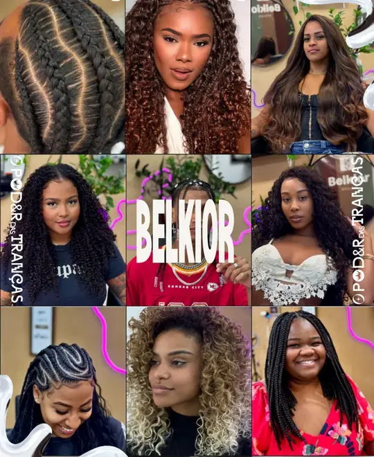 Colagem de nove fotos de cabelos cacheados e tranças com o nome Belkior sobre elas