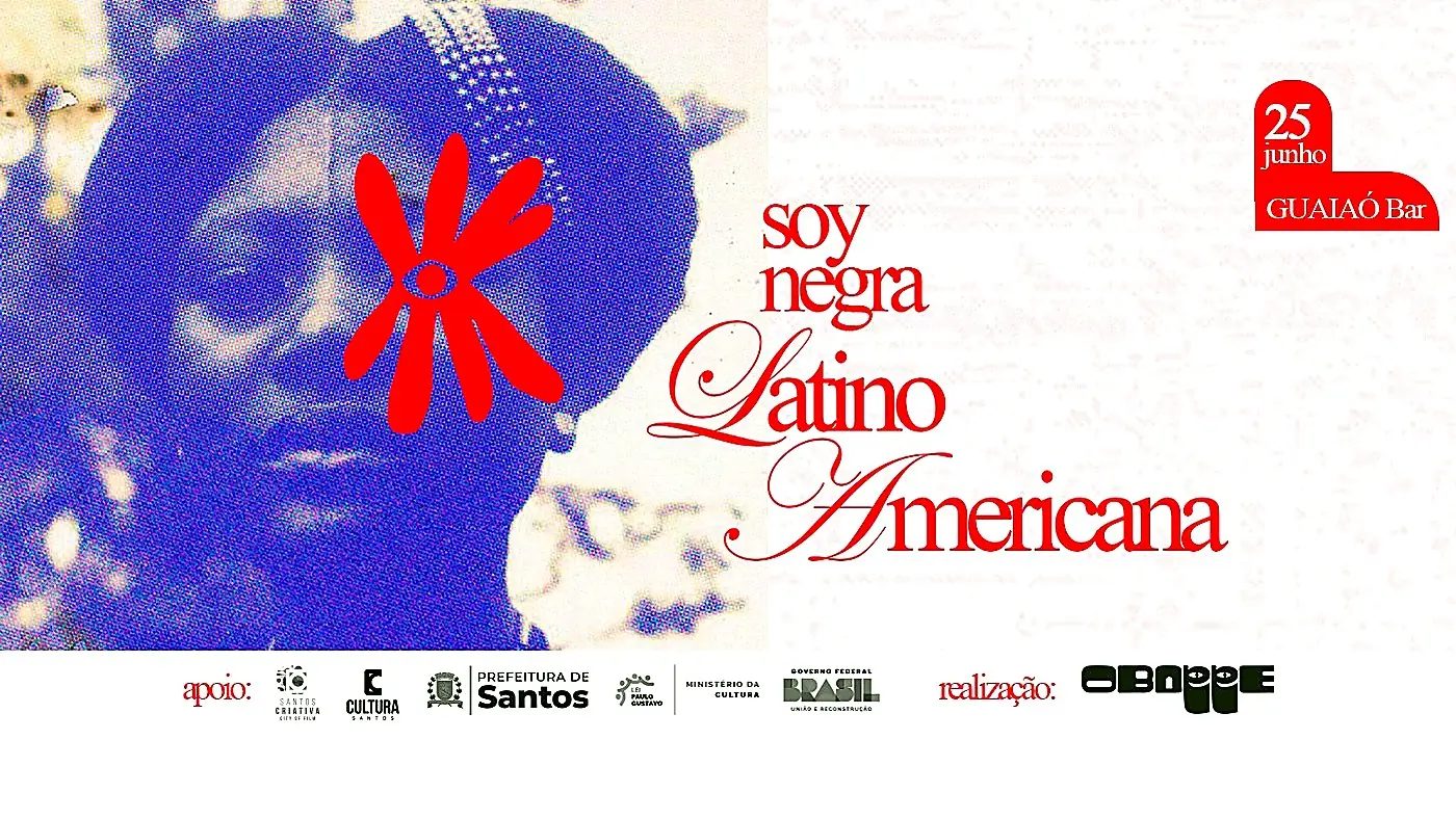 Flyer da festa Soy negra latino americana, com retrato em azul e a data 25 de junho