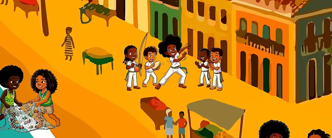 Detalhe do painel: roda de capoeira diante de casarões coloridos