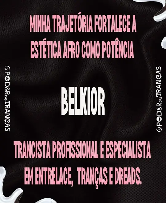 Card de apresentação de Belkior, texto rosa sobre fundo preto com linhas brancas
