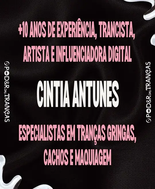 Card de apresentação de Cintia Antunes, texto rosa sobre fundo preto