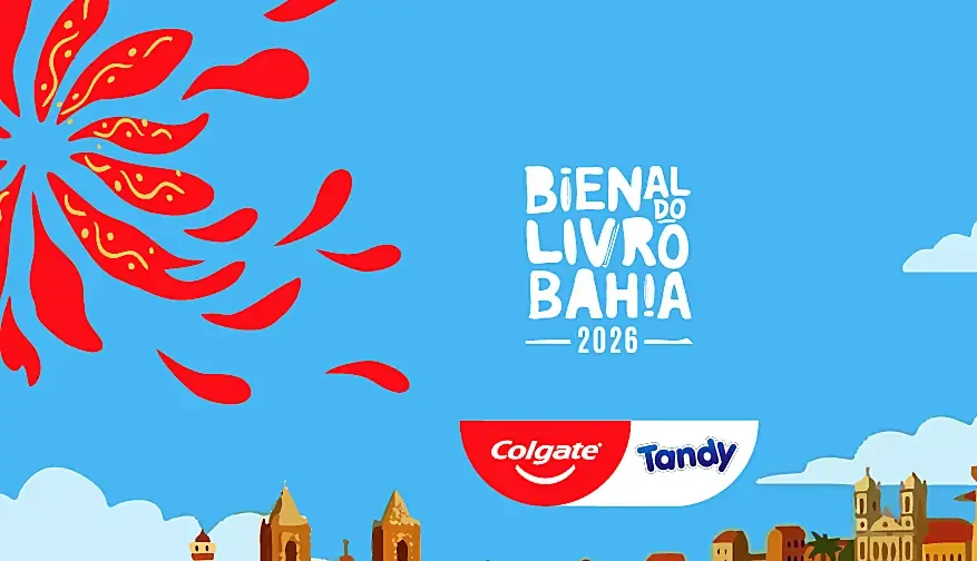 Recorte do painel com a marca Bienal do Livro Bahia 2026, Colgate e Tandy, e respingos vermelhos