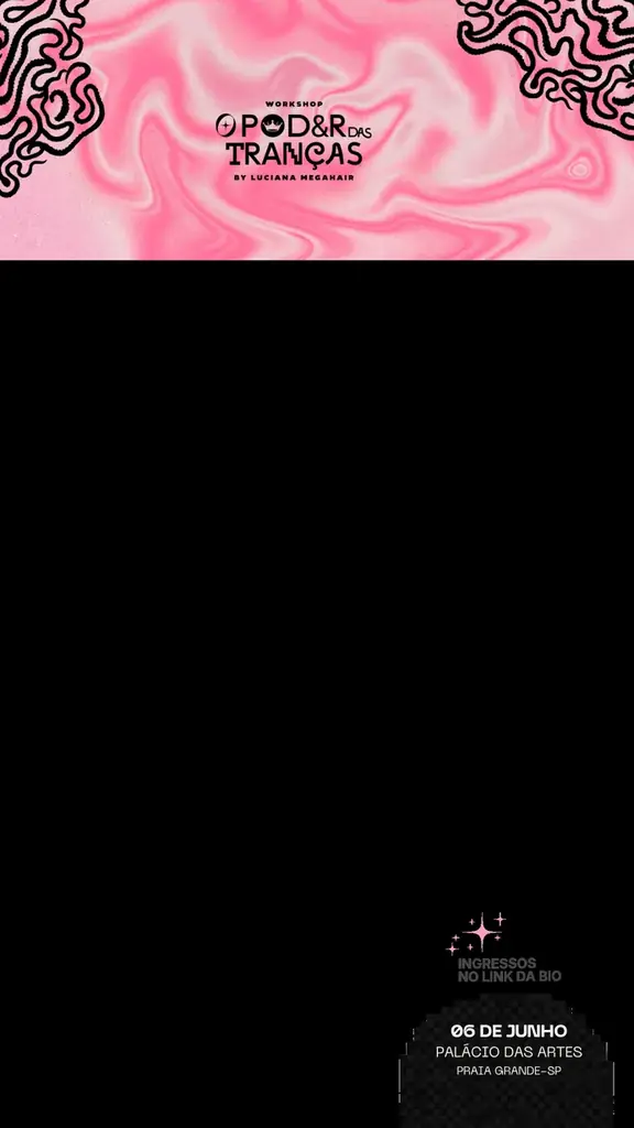 Modelo de stories com topo rosa e card preto com a data 6 de junho e o Palácio das Artes