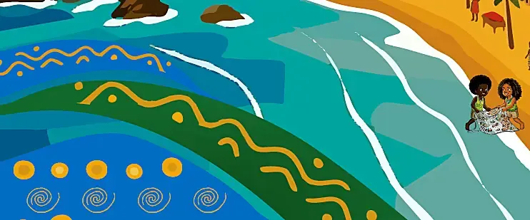 Recorte do painel: mar e faixas verdes e amarelas com crianças na praia