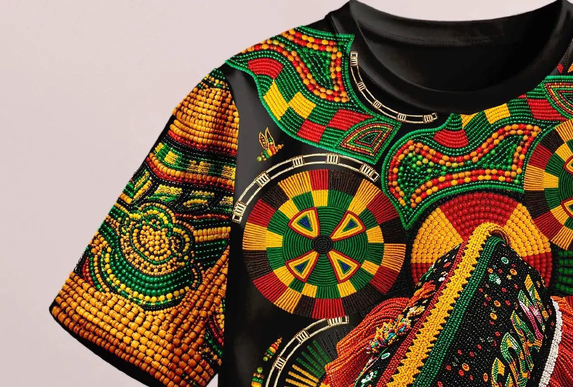 Camisa preta com estampa circular bordada em cores vivas, vista de perto