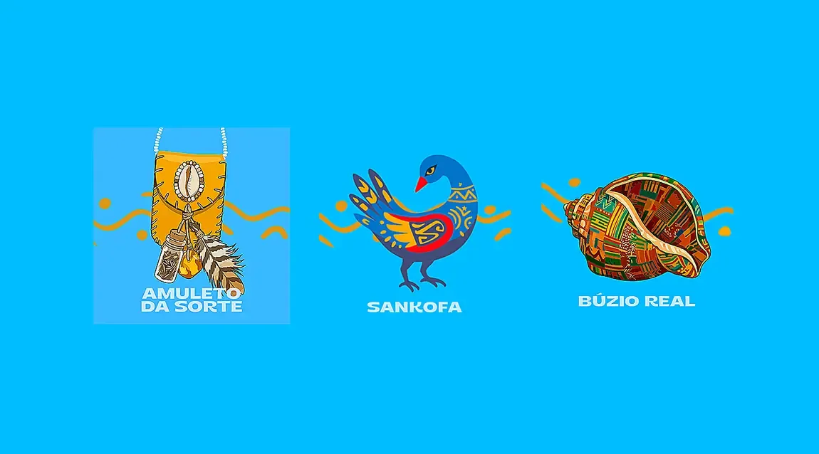 Três símbolos sobre fundo azul: Amuleto da Sorte, Sankofa e Búzio Real