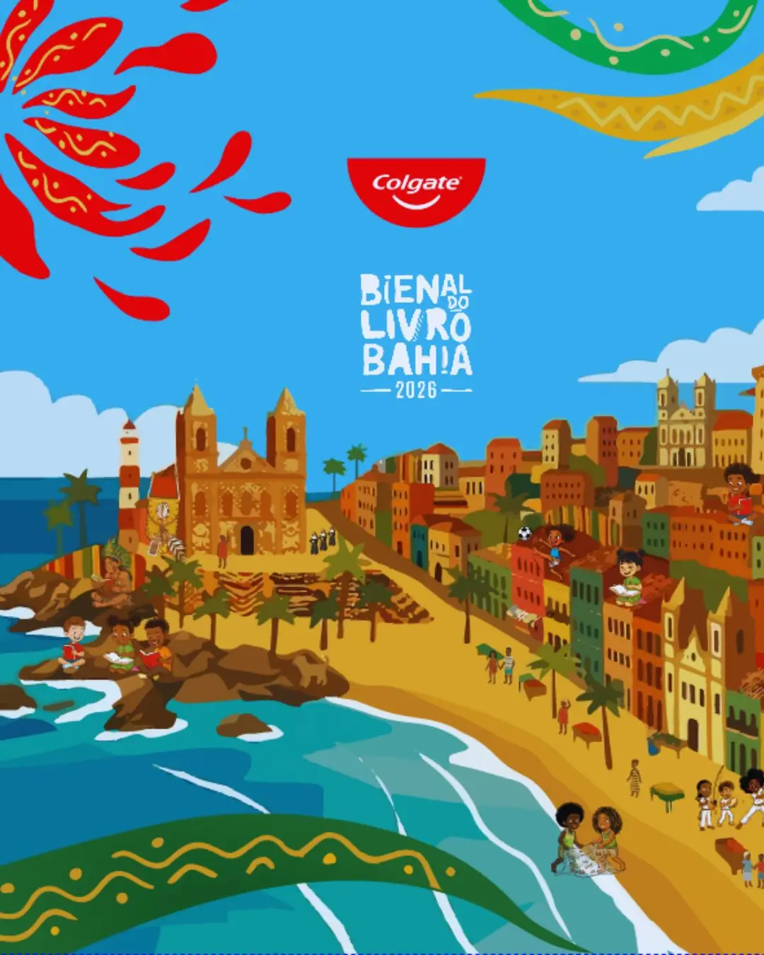 Painel ilustrado de Salvador, com Farol da Barra, praia e casario colorido