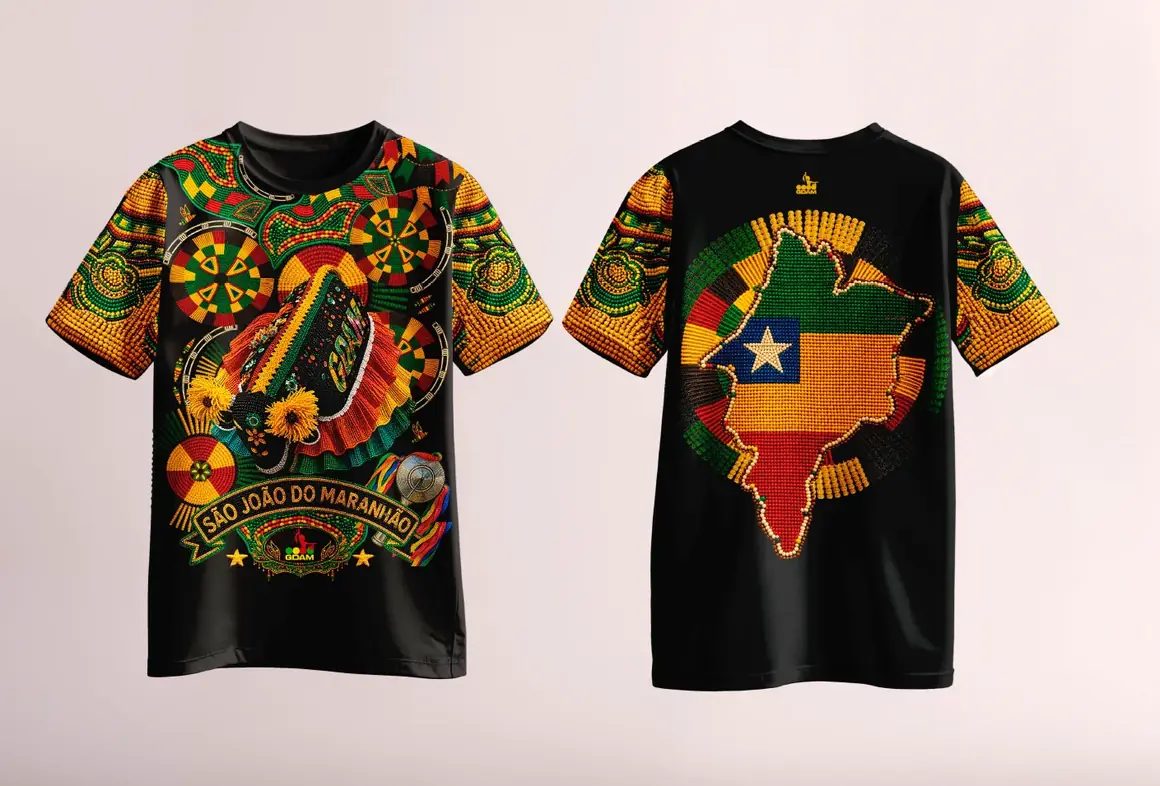 Duas camisas pretas lado a lado, uma com a faixa São João do Maranhão e outra com o mapa do Brasil