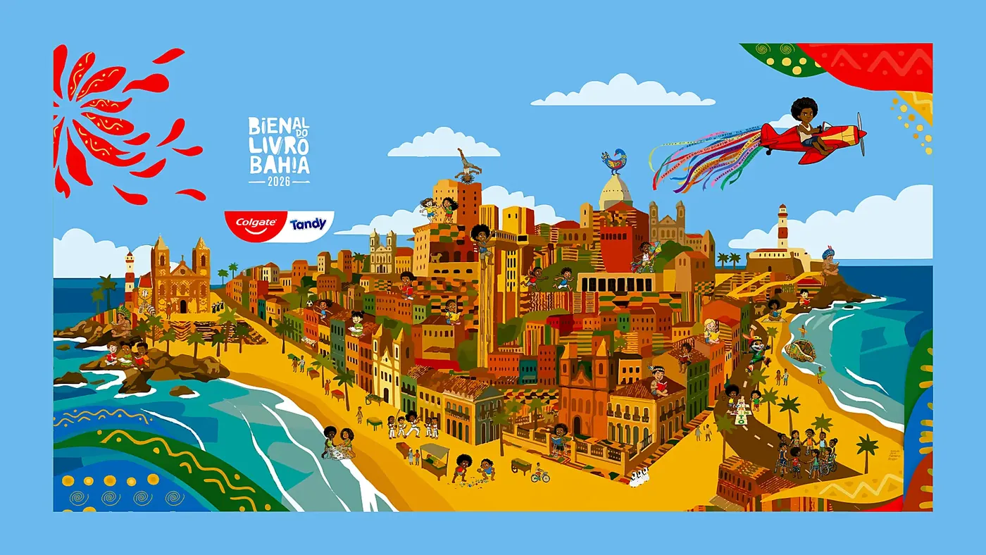 Painel completo de Salvador visto de cima, com praia, casario, farol, igrejas e crianças brincando