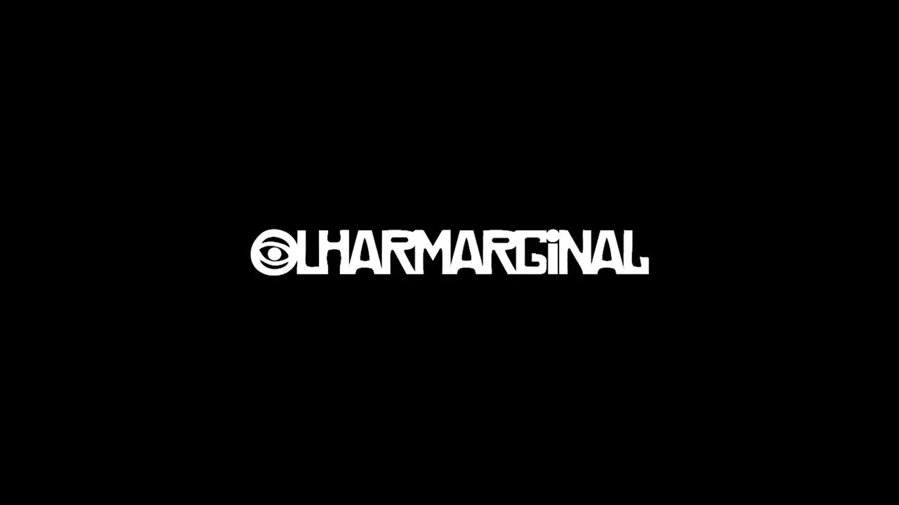 Logo Olhar Marginal em branco sobre fundo preto, com o olho no lugar do O