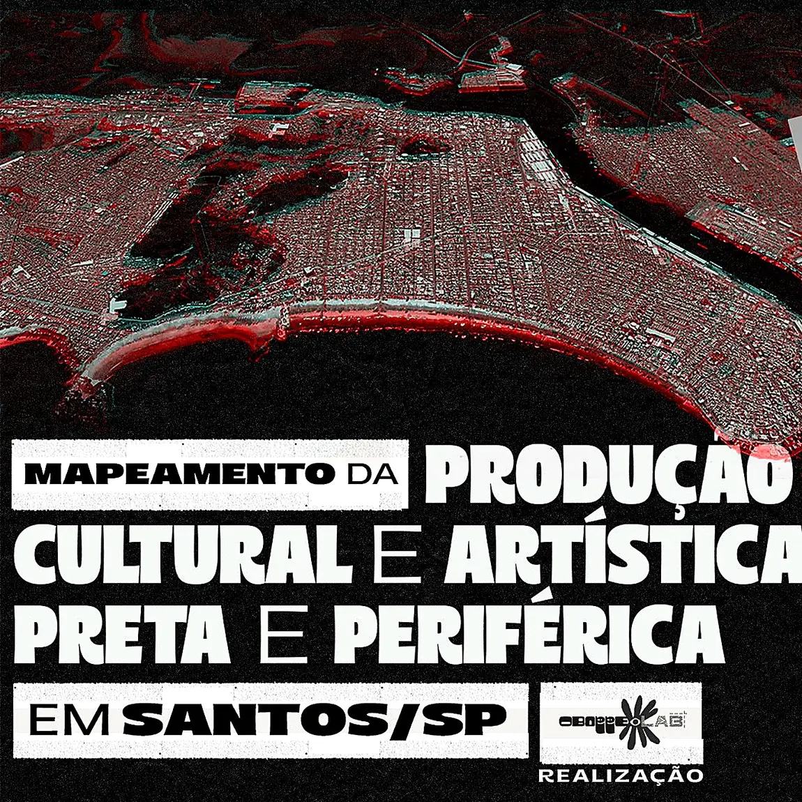 Mapa de Santos em vermelho e cinza com o título Olhares Periféricos, mapeamento da produção cultural e artística preta e periférica