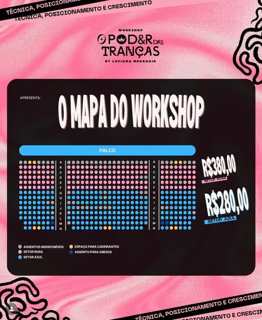Mapa do workshop: plateia em pontos azuis e rosa sobre fundo preto, com os valores dos ingressos