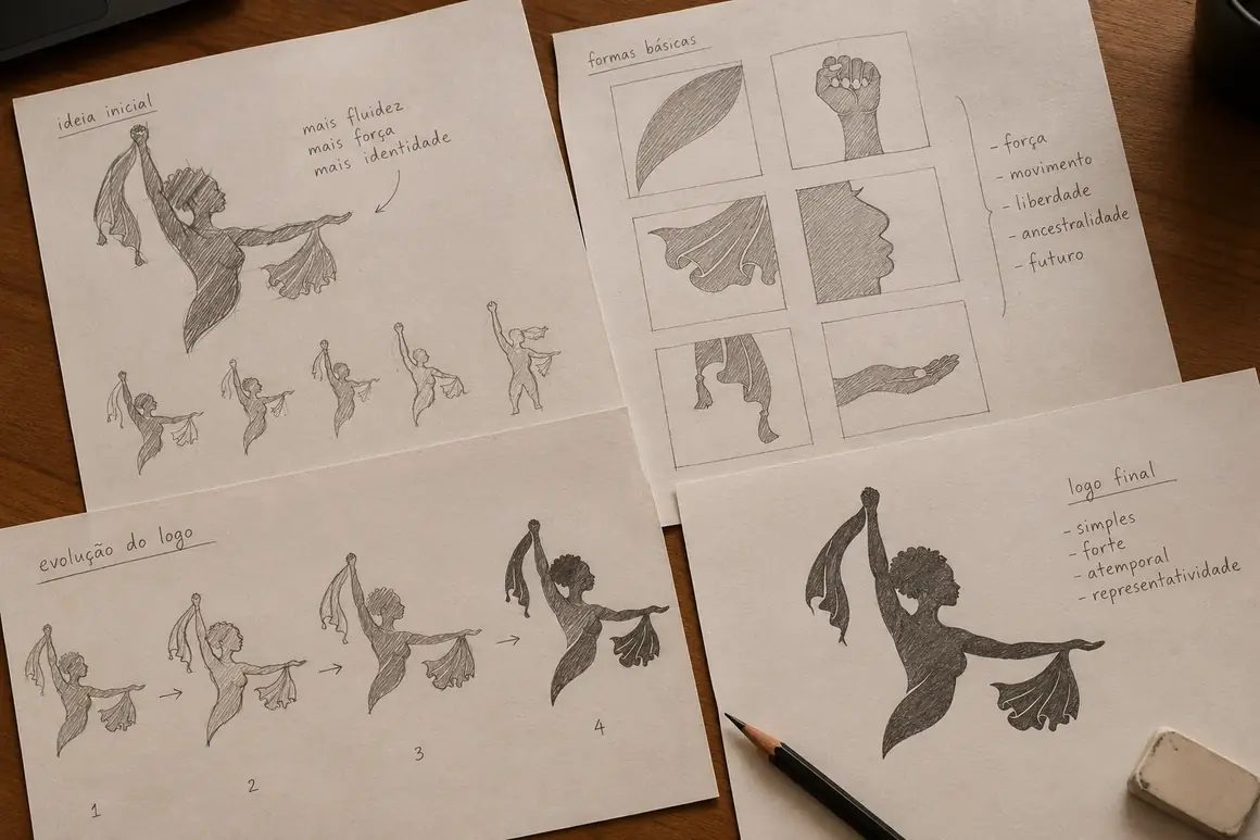 Folhas de croqui com silhuetas de dançarina e testes de forma para o logo