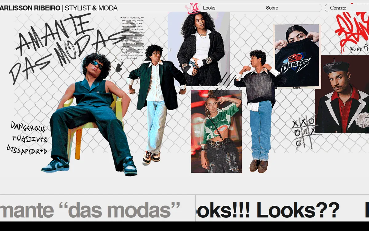 Site portfólio de Tharlisson Ribeiro, stylist, com colagem de looks sobre tela de arame