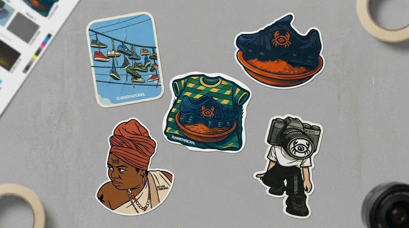 Cinco adesivos sobre uma mesa de trabalho: tênis pendurado no fio, camiseta, tênis na feijoada, retrato com turbante e personagem com câmera no lugar da cabeça