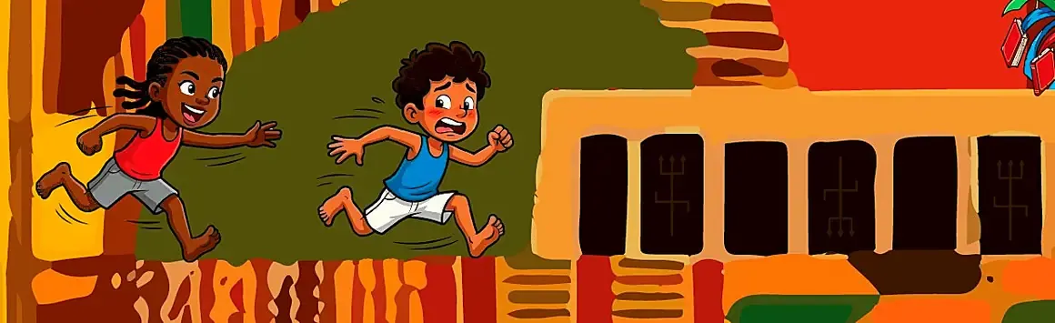 Detalhe do painel: dois meninos correndo diante de um casarão
