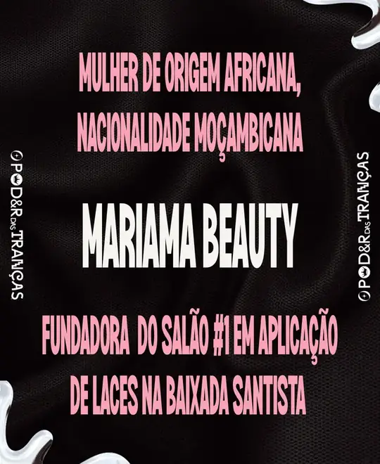 Card de apresentação de Mariama Beauty, texto rosa sobre fundo preto