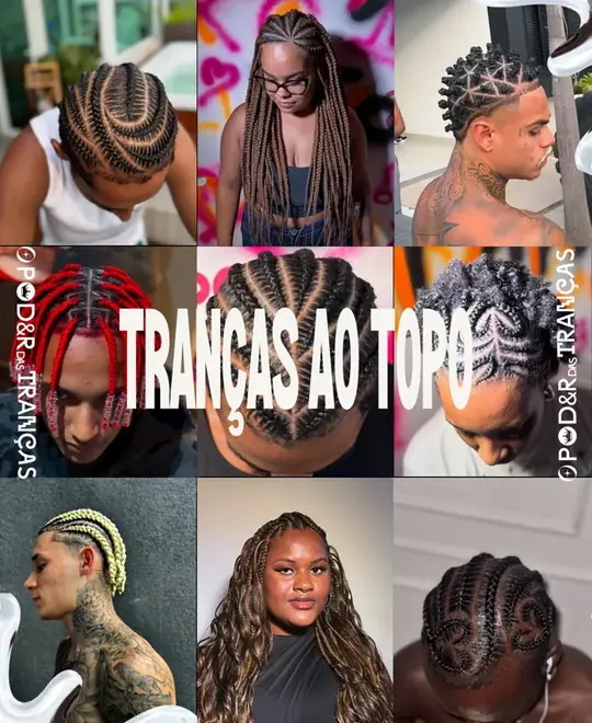 Colagem Tranças ao Topo, com nove fotos de tranças e o título em letras brancas sobre elas