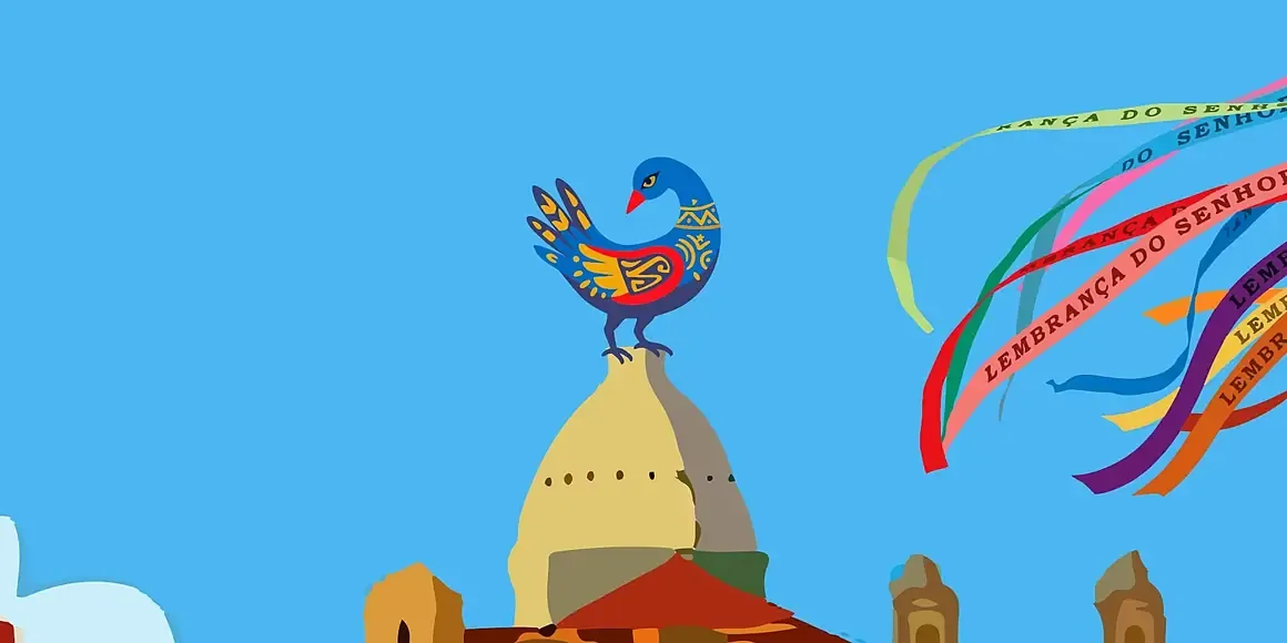 Detalhe do painel: pássaro Sankofa sobre uma cúpula, com fitinhas do Bonfim